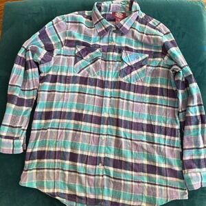 SGR 1X Plus Size Plaid Flannel Button-Up Shirt Purple Teal Cotton Blend